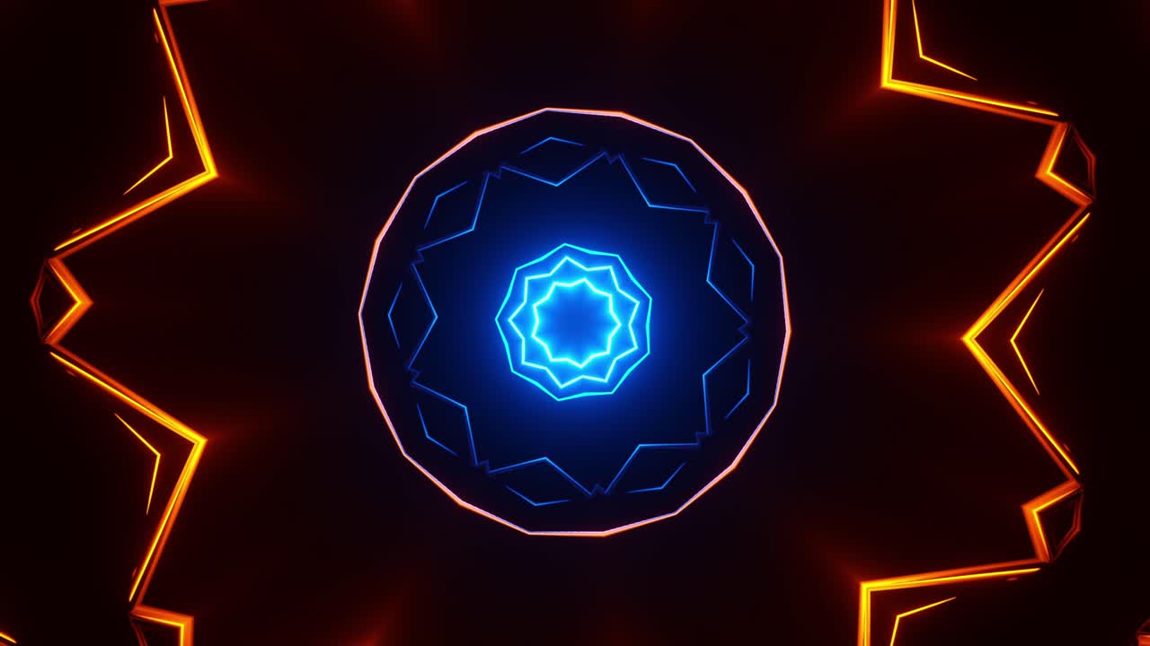 Glowing circular pattern with blue and orange lights. Kaleidoscope VJ loop