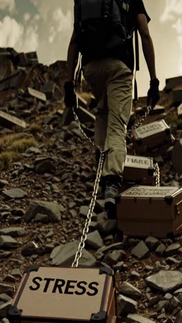 Hiker dragging with chains boxes with stress, fatigue and stare written on them, representing the struggle of carrying psychological burdens during a mountain trek