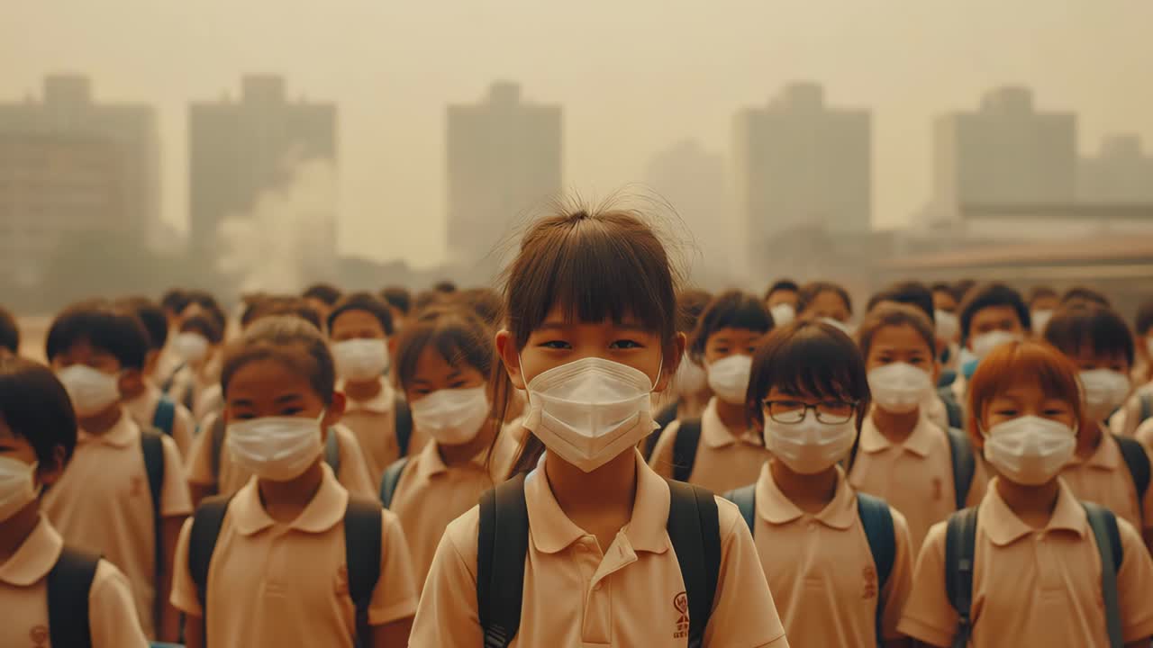 Schoolchildren wearing masks in polluted city