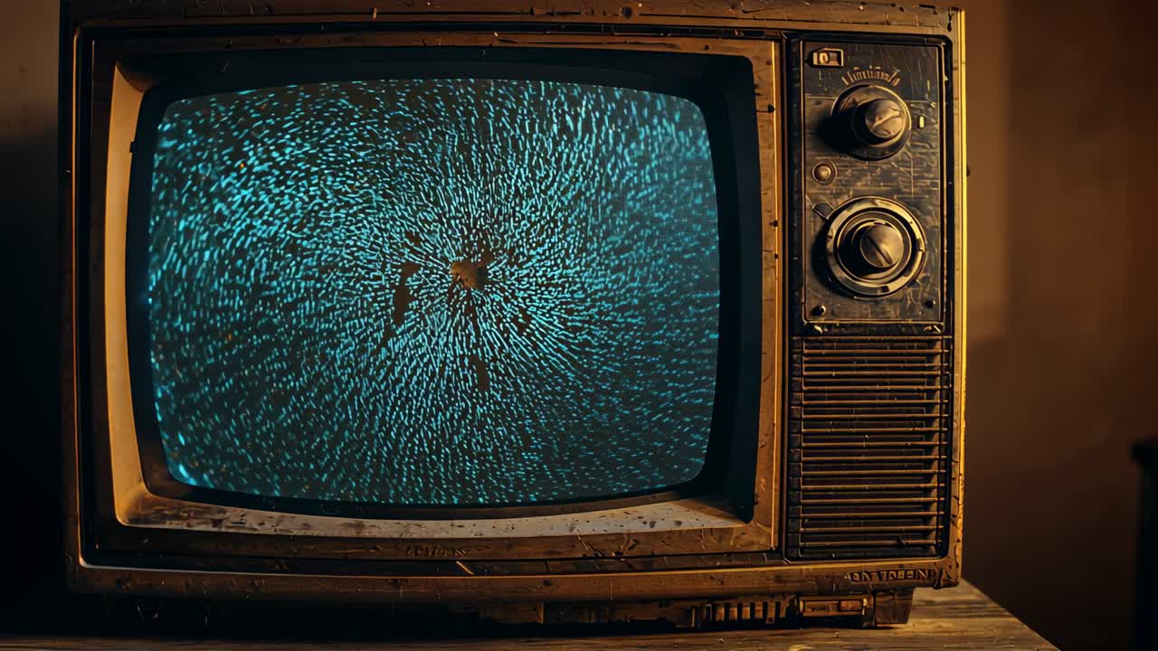 Accensione di un televisore CRT che emette punti verde acqua pulsanti su un supporto di legno appoggiato contro un muro in un angolo buio