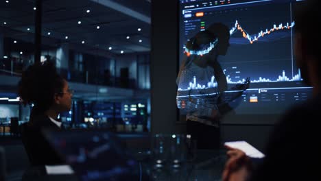 business conference meeting presentation: businesswoman does financial analysis talks to group of businessspeople. projector screen shows stock market data, investment strategy, revenue growth