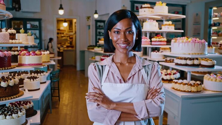 A confident baker stands in a cake-filled shop, arms crossed, smiling