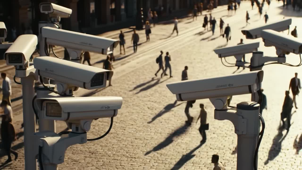 Aerial View of Urban Surveillance: Multiple Security Cameras Overlooking a Bustling Public Square with Pedestrians Walking Below