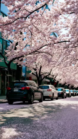 cherry blossom lined street with parked cars