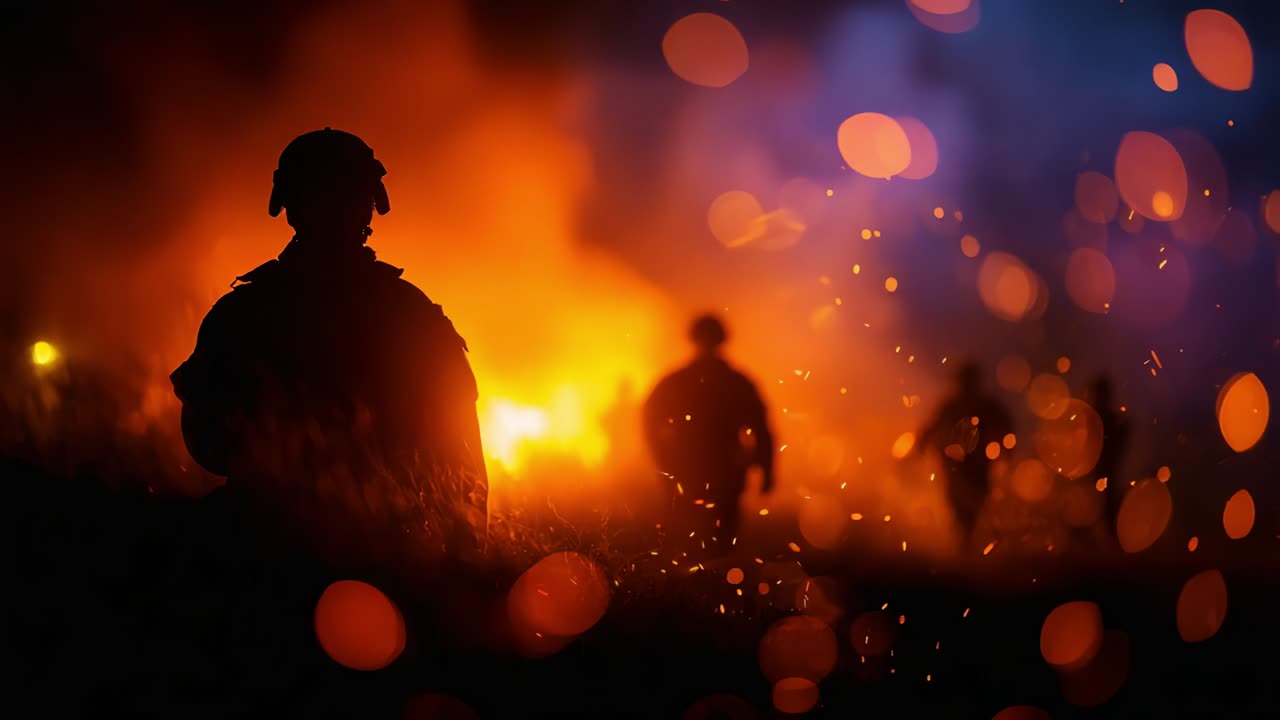 Dramatic Scene of Silhouetted Soldiers Against a Fiery Background, Capturing the Tension and Emotion of a Military Operation Amidst Flames and Smoke