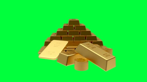 las barras de oro y el signo de bitcoin giran en una pantalla verde en animación 3d. 4k