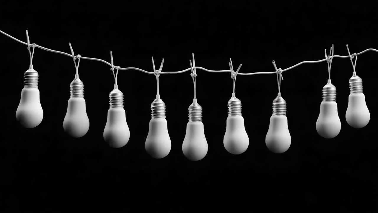 A Beautiful Contrast of Light and Shadow: Illuminated and Unlit Light Bulbs Arranged on a String Against a Dark Background