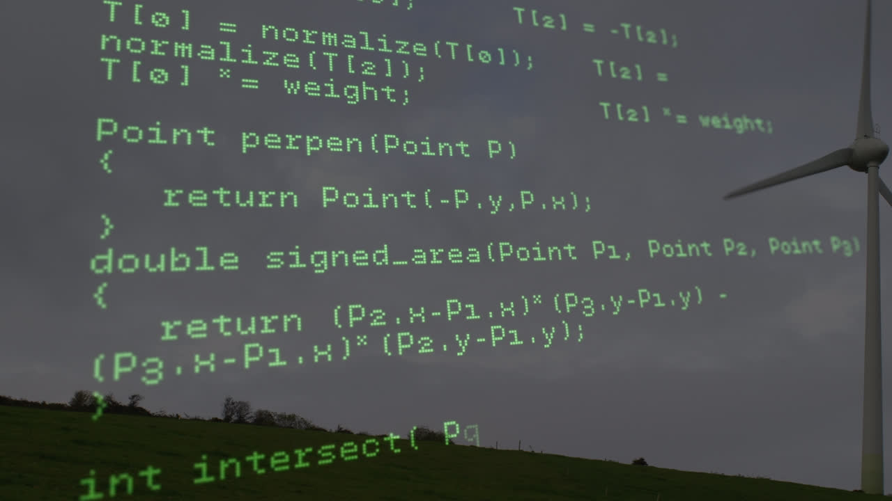 анимация обработки данных над ветровой турбиной и небом с облаками