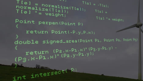 animación del procesamiento de datos sobre la turbina eólica y el cielo con nubes