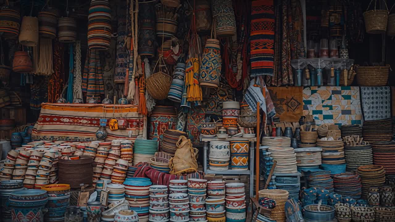 Zwenkende camera beweegt naar rechts en onthult meer planken, keramiek, manden, textiel op een bazaar.