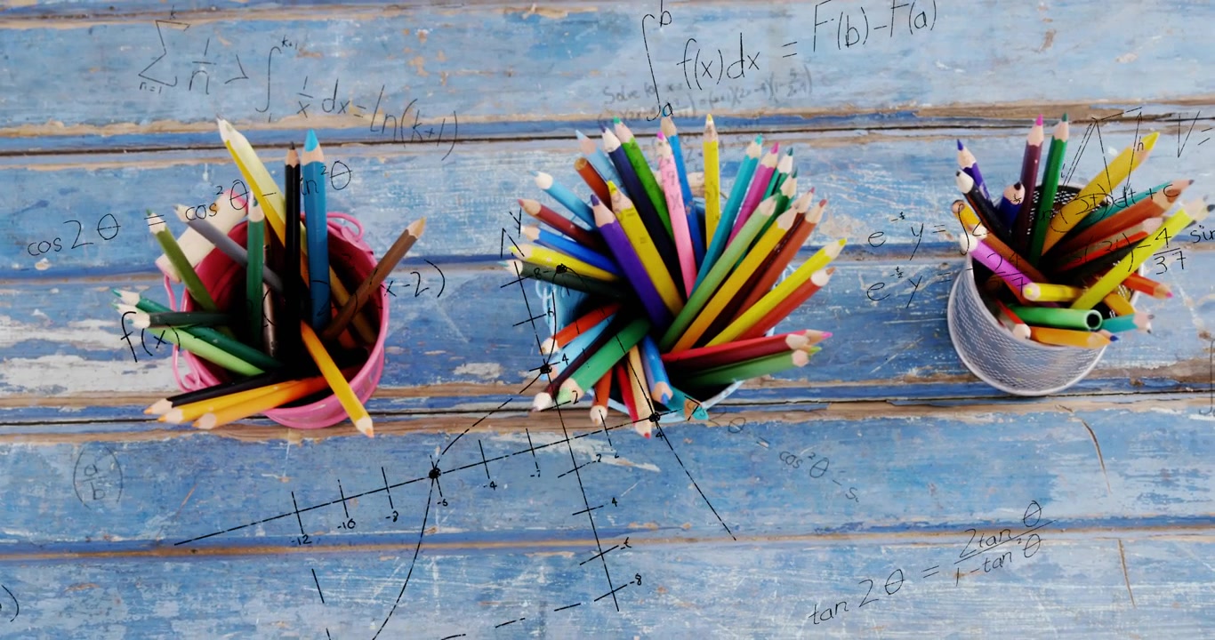 Blur clearing triggers pencil holders remaining still while calculus formulas animating tableau
