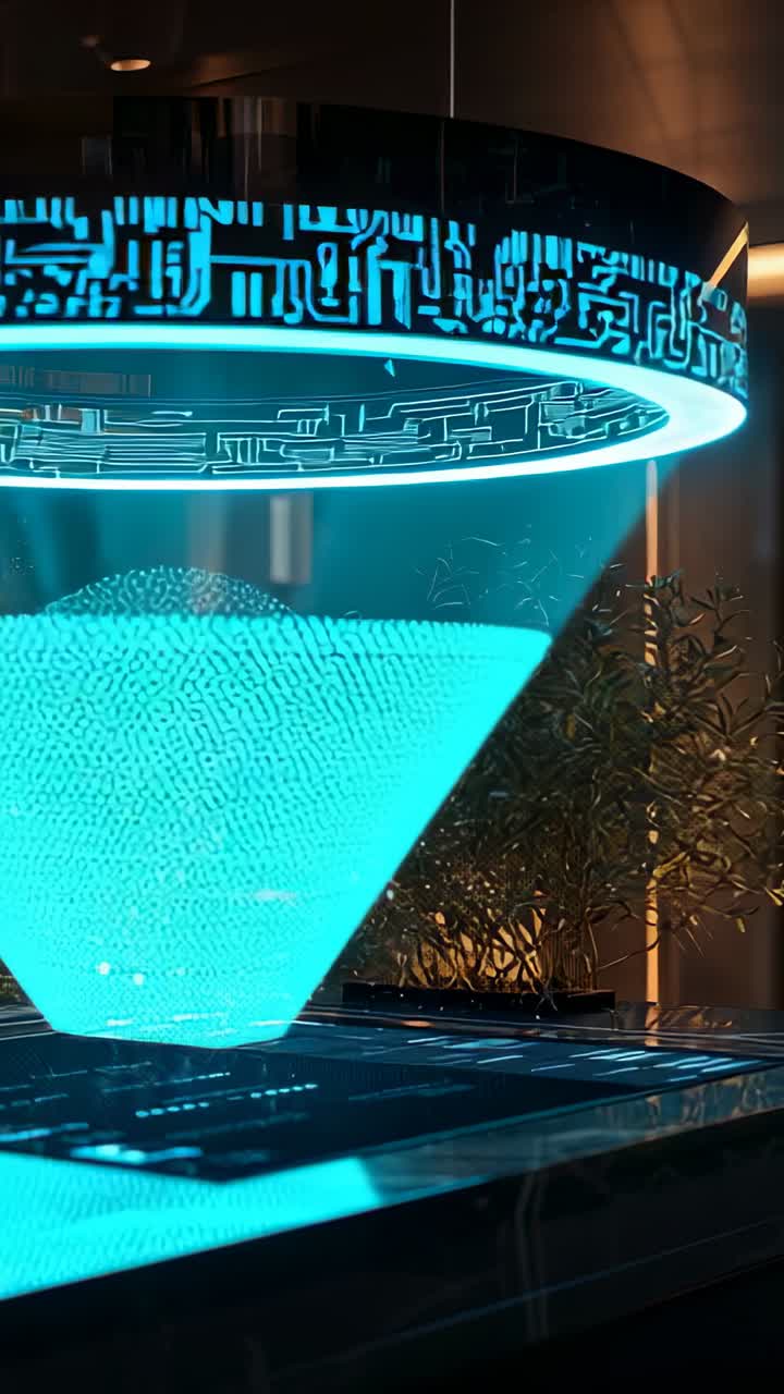 Vertical video: Powering projector ring causing particles forming cyan hologram cone on console