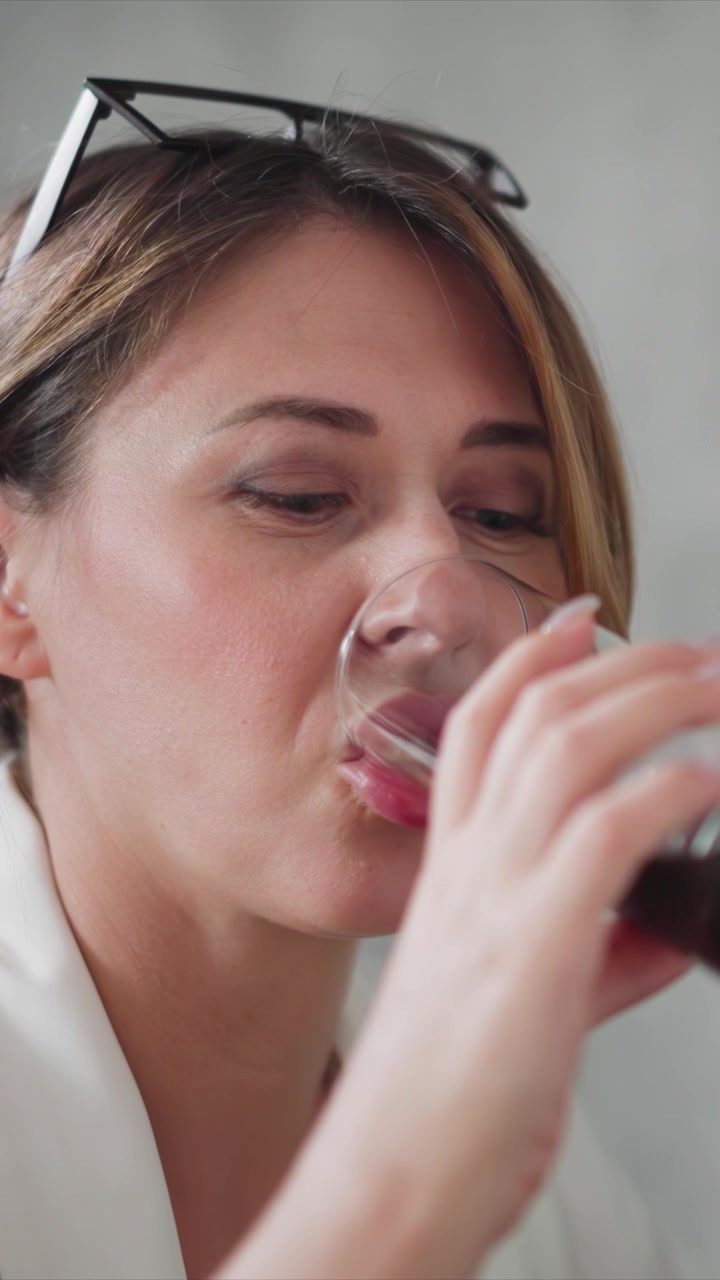Primo piano di donna che beve da un bicchiere. Il soggetto è mostrato di profilo con gli occhiali sulla testa, indossa un top bianco e porta ripetutamente il recipiente trasparente alle labbra su uno sfondo semplice.