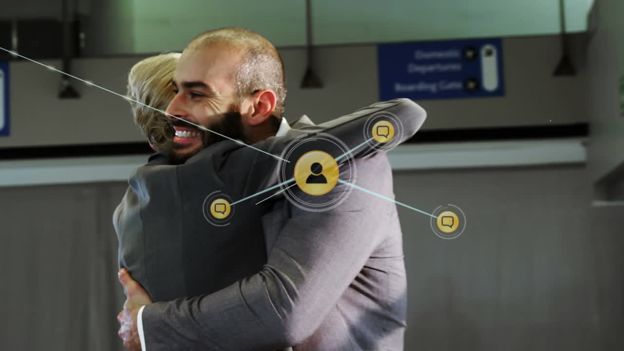 다양한 백인 사업가와 사업가 여성이 사무실에서 포옹하는 아이콘 네트워크의 애니메이션.