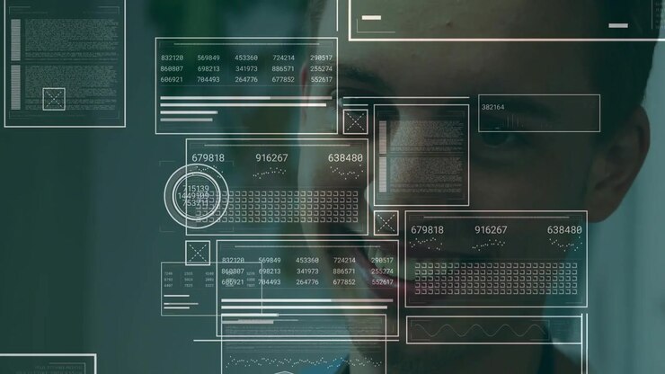Doctor adjusting stethoscope in medical clinic activating HUD overlaying chest, face and monitoring