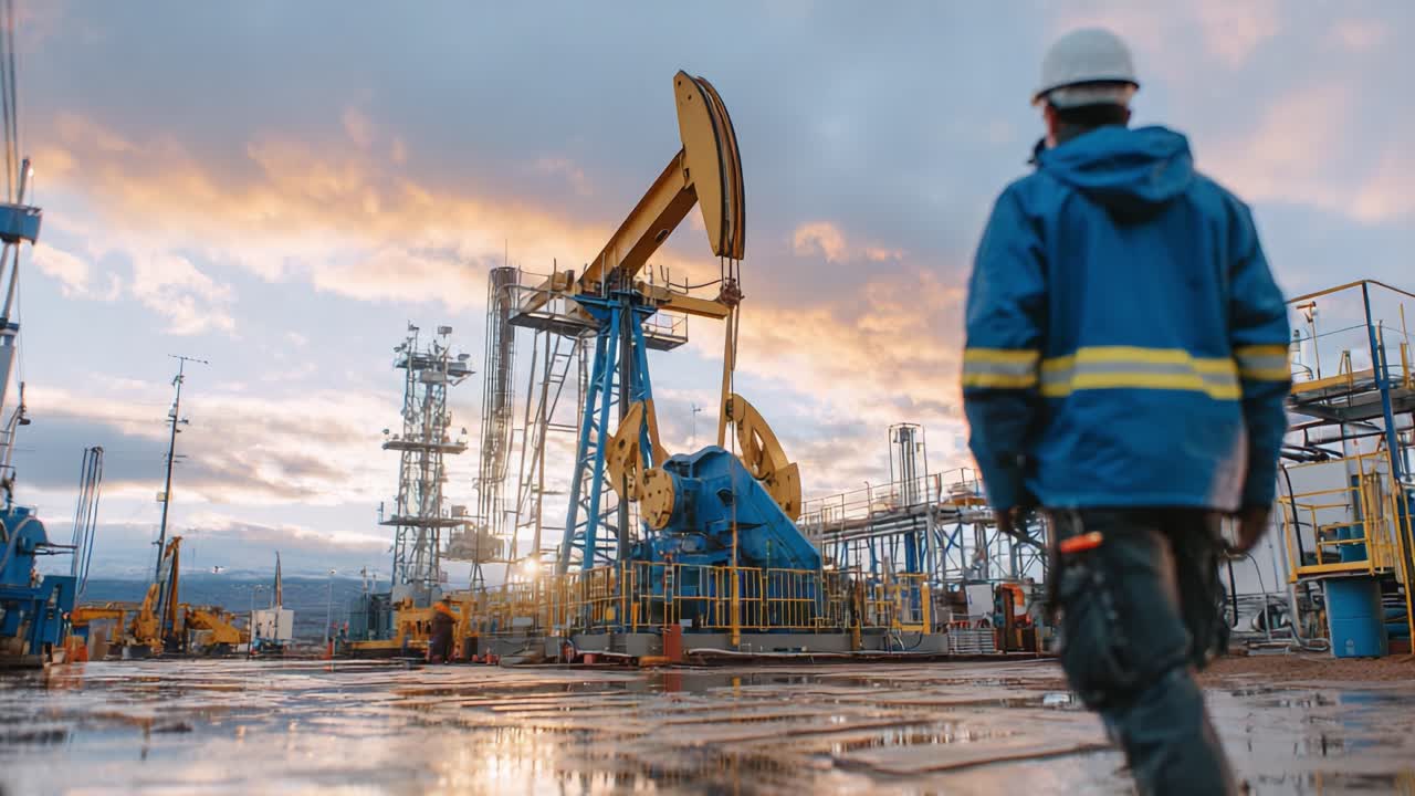 A Worker Walking Away from Oil Rig Infrastructure During Sunset with Beautiful Cloudy Sky Reflections, Signifying Industry and Labor in Energy Production