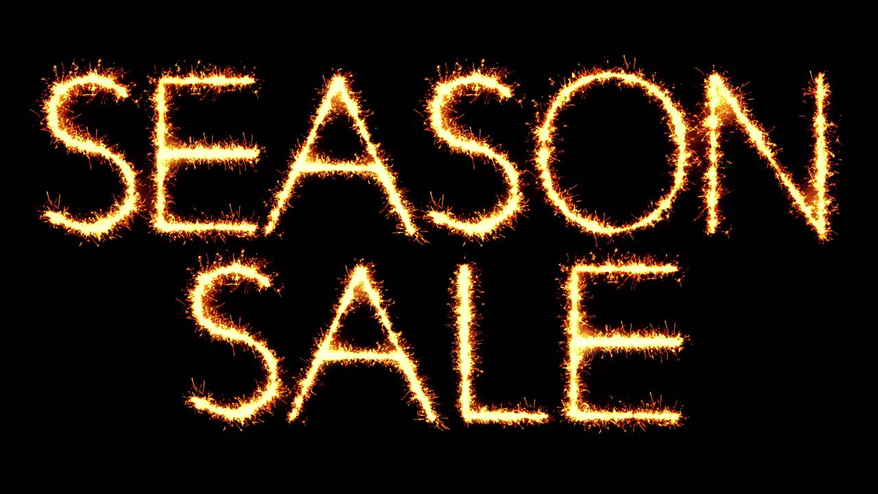 Season sale text sparkler writing with glitter sparks particles firework on black 4k loop background