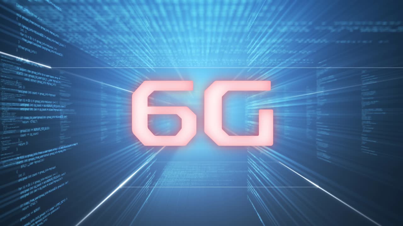 animación de texto de 6g sobre el túnel de procesamiento de datos sobre fondo azul