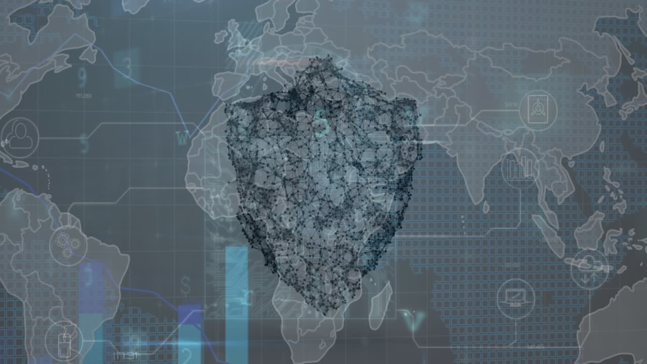 animación de iconos de conceptos de ciberseguridad y procesamiento de datos contra el mapa del mundo en fondo gris.