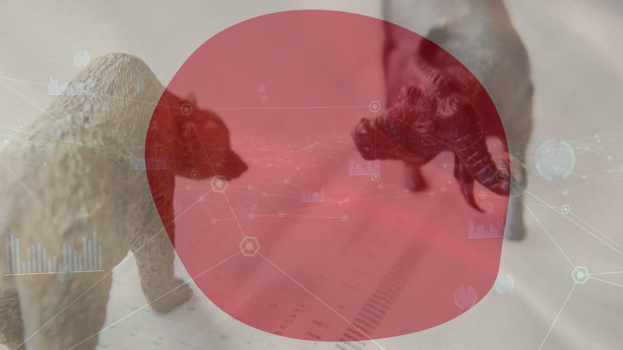 animación de la red de conexión y números cambiando sobre el oso y el toro y la bandera de japón ondeando