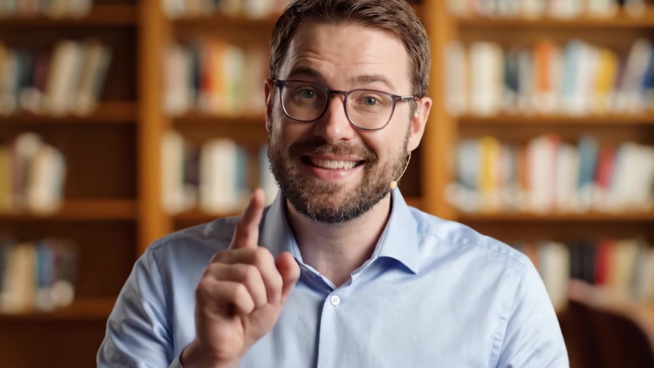 Un oratore esperto interagisce con il pubblico in un'accogliente ambientazione bibliotecaria, mostrando competenza e un atteggiamento amichevole attraverso tecniche di comunicazione efficaci.