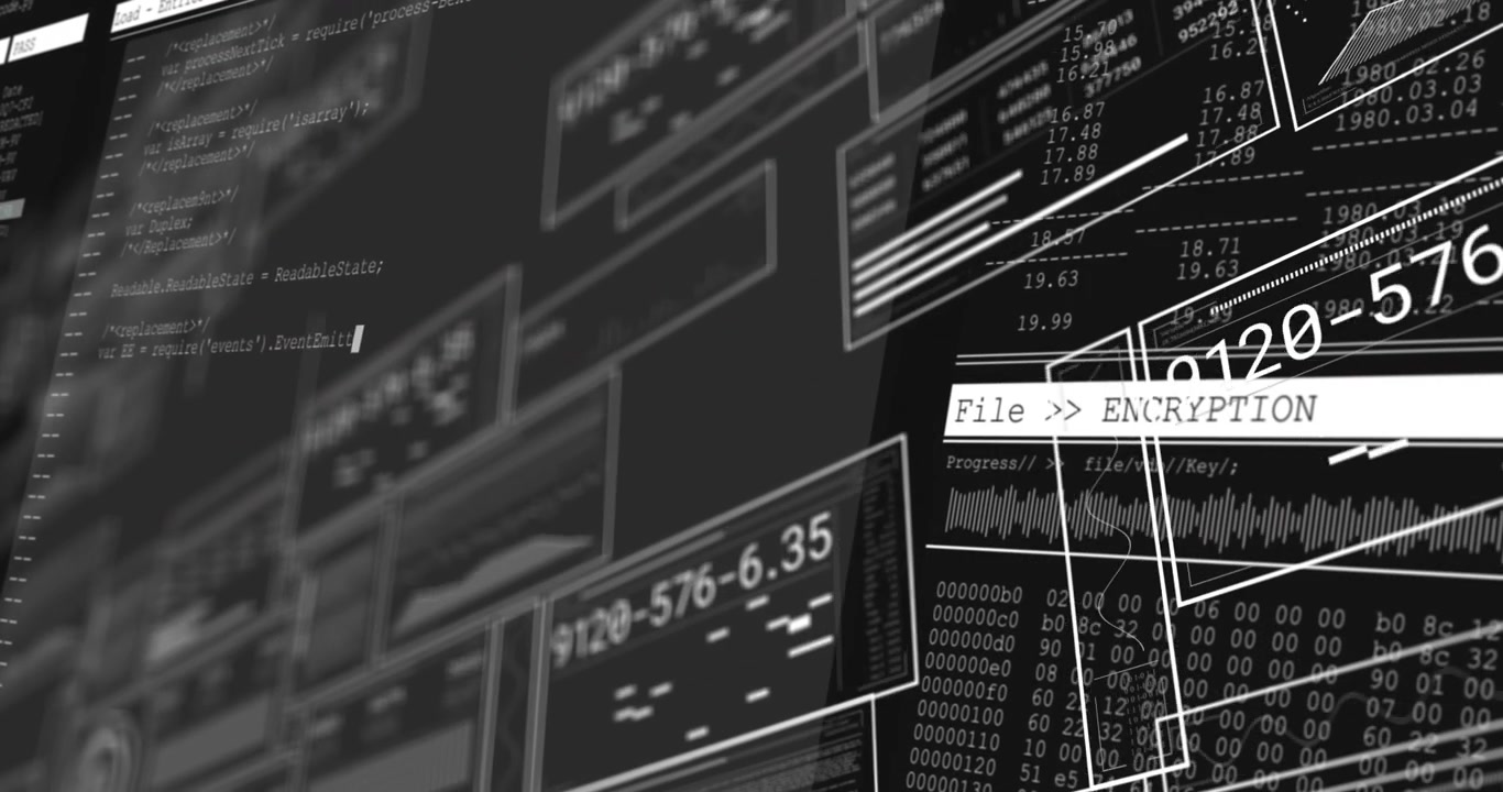 Animation einer Benutzeroberfläche mit Datenverarbeitung vor schwarzem Hintergrund