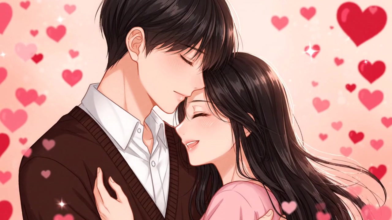 Romantic anime couple hugging on valentine's day