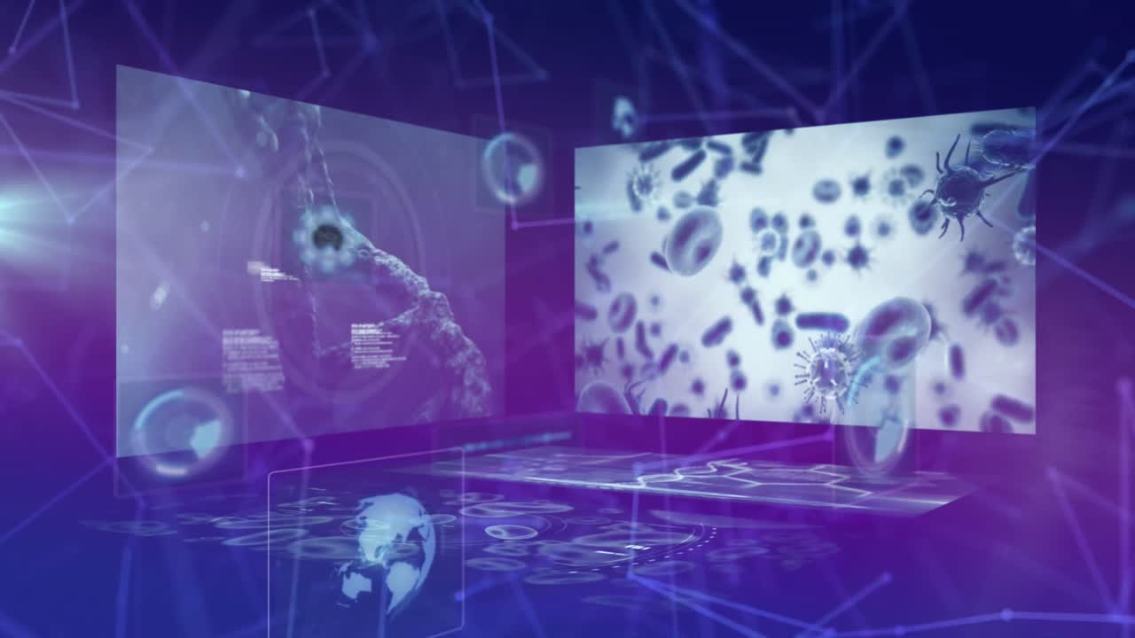 아이콘과 연결 네트워크를 통해 화면에 과학적 코로나19 바이러스 데이터의 애니메이션