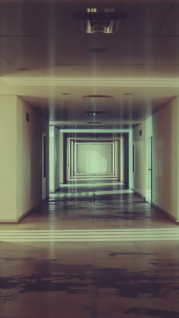 Vertical video: Sliding camera moving forward down office hallway, showing closed doors and lights
