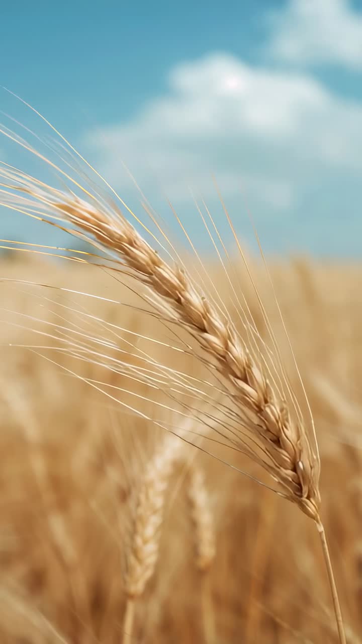 Video verticale: spiga di grano piegata che si muove verso l'interno in un campo, mentre la brezza sfoca le reste creando una messa a fuoco morbida