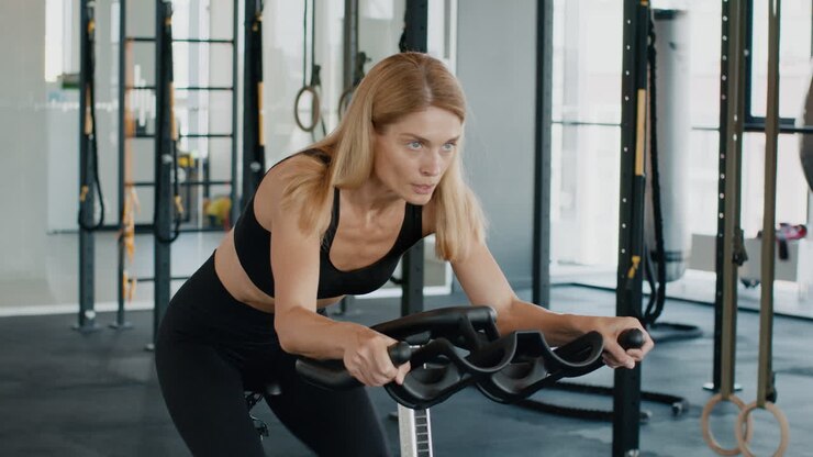 mujer haciendo ejercicio en una bicicleta de giro en un gimnasio