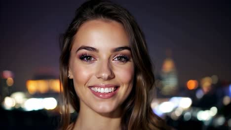 mujer sonriente por la noche en la ciudad