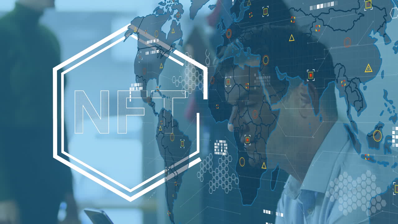 nft의 애니메이션과 세계 지도에서 카우카시안 남자가 사무실에 있습니다.