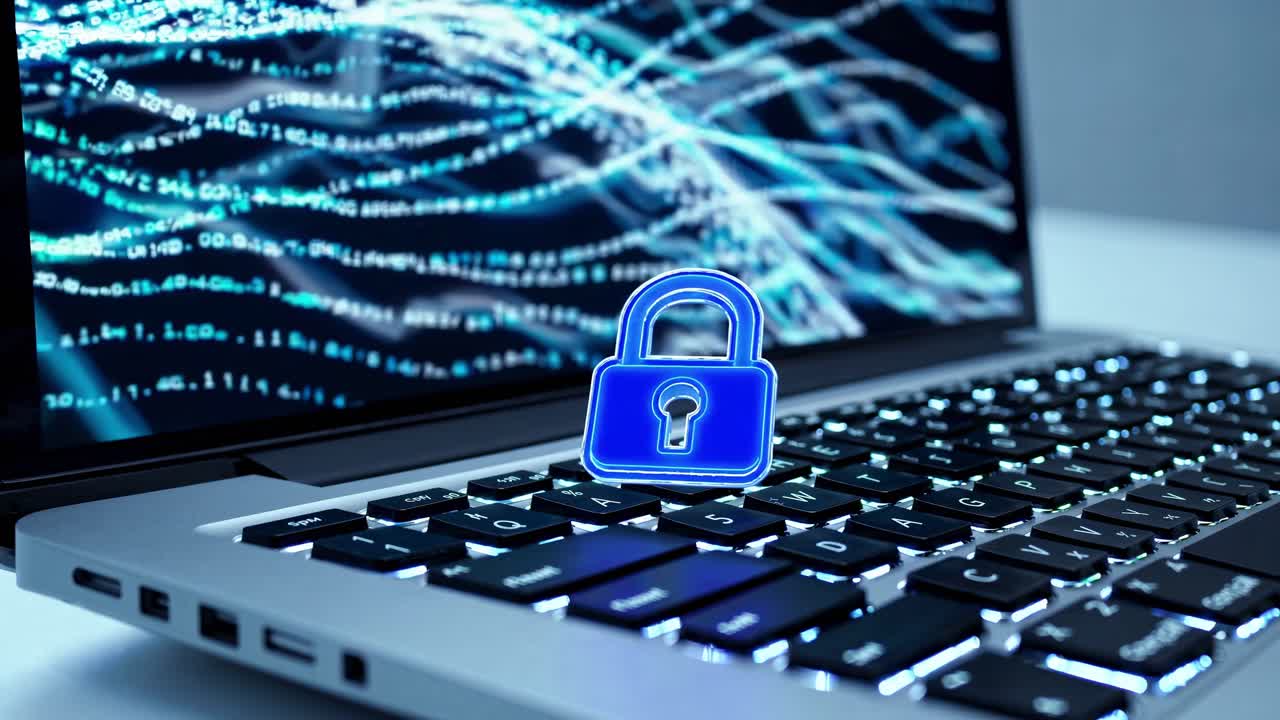 Laptop with Security Lock and Code Background