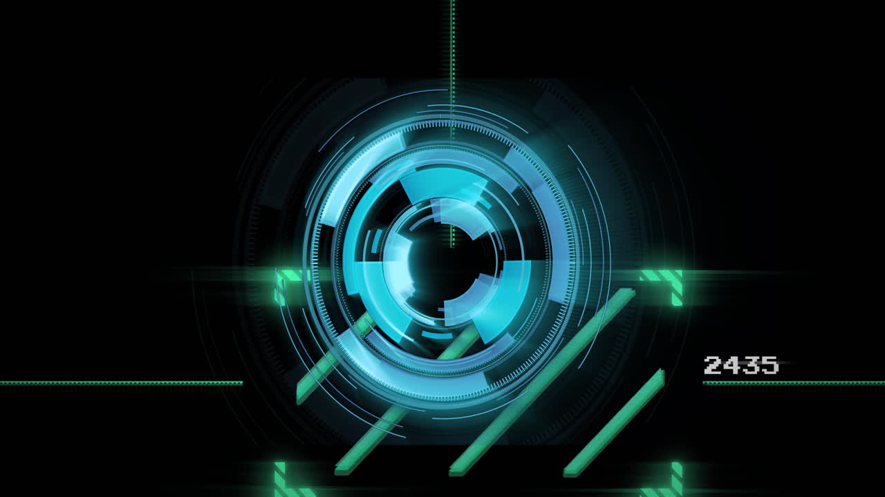 Rotating blue and green elements in futuristic animation displaying 2425 interface