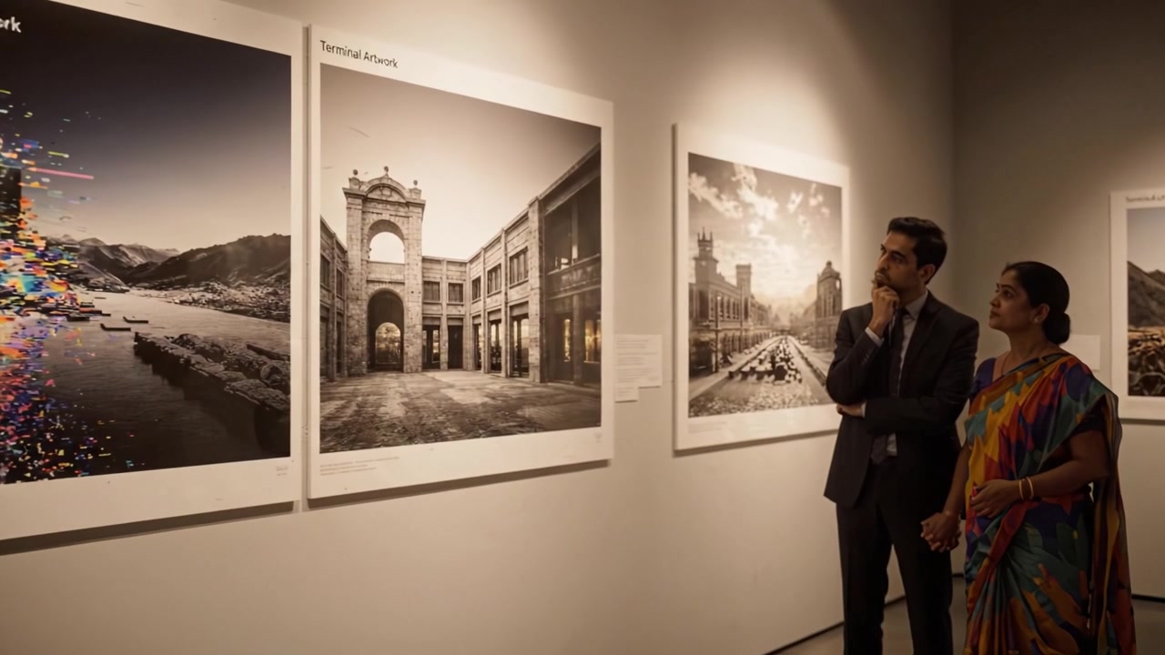 Esperienza in galleria d'arte: visitatori che ammirano splendide fotografie di paesaggi e scene urbane in un contesto di mostra contemporanea con immagini vivaci.