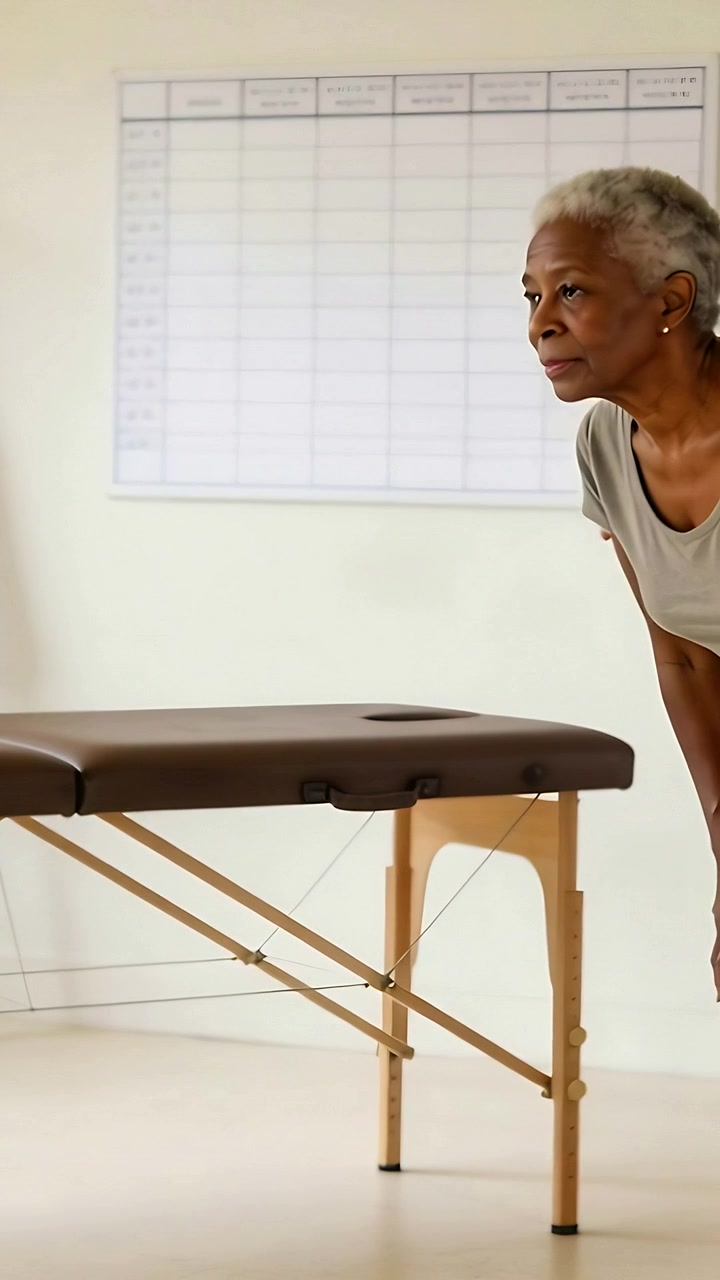 Vídeo vertical: Mulher entrando na academia, inclinando-se em direção à mesa da clínica, preparando as pernas para fisioterapia, com espaço para texto.