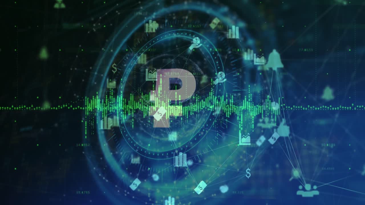 암호화폐 p 기호의 애니메이션, 스 스캔 및 데이터 처리