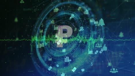 animación del símbolo p de la criptomoneda, escaneo de ámbitos y procesamiento de datos.