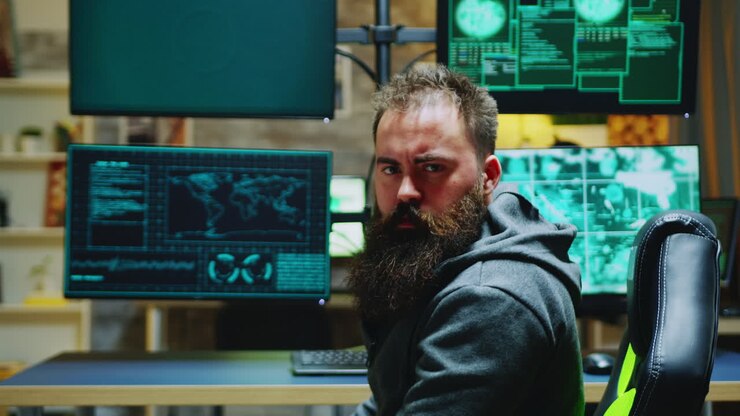 Bearded hacker turning and looking into the camera