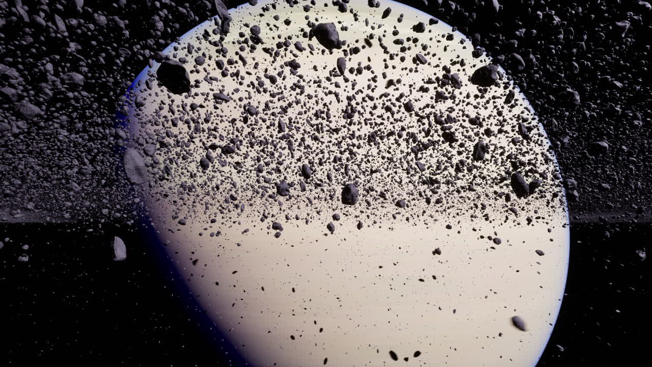 주변 우주 환경에서 바위 잔해와 함께 토성의 생생한 묘사