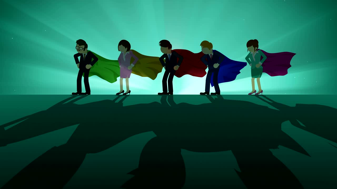 스포트라이트에 서있는 슈퍼히어로: 비즈니스 팀 우승자 상징, 팀워크 및 성공 개념, 코 루프 애니메이션