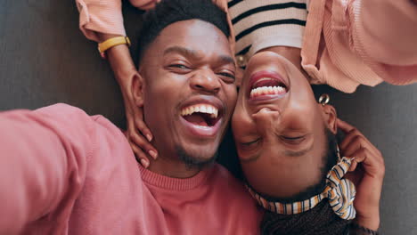 couple, love and together for selfie with laugh