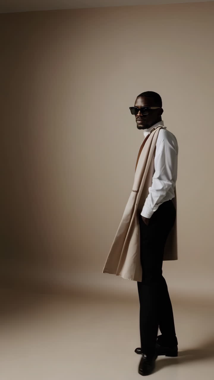 Fashionable Man Posing in a Trench Coat and Sunglasses