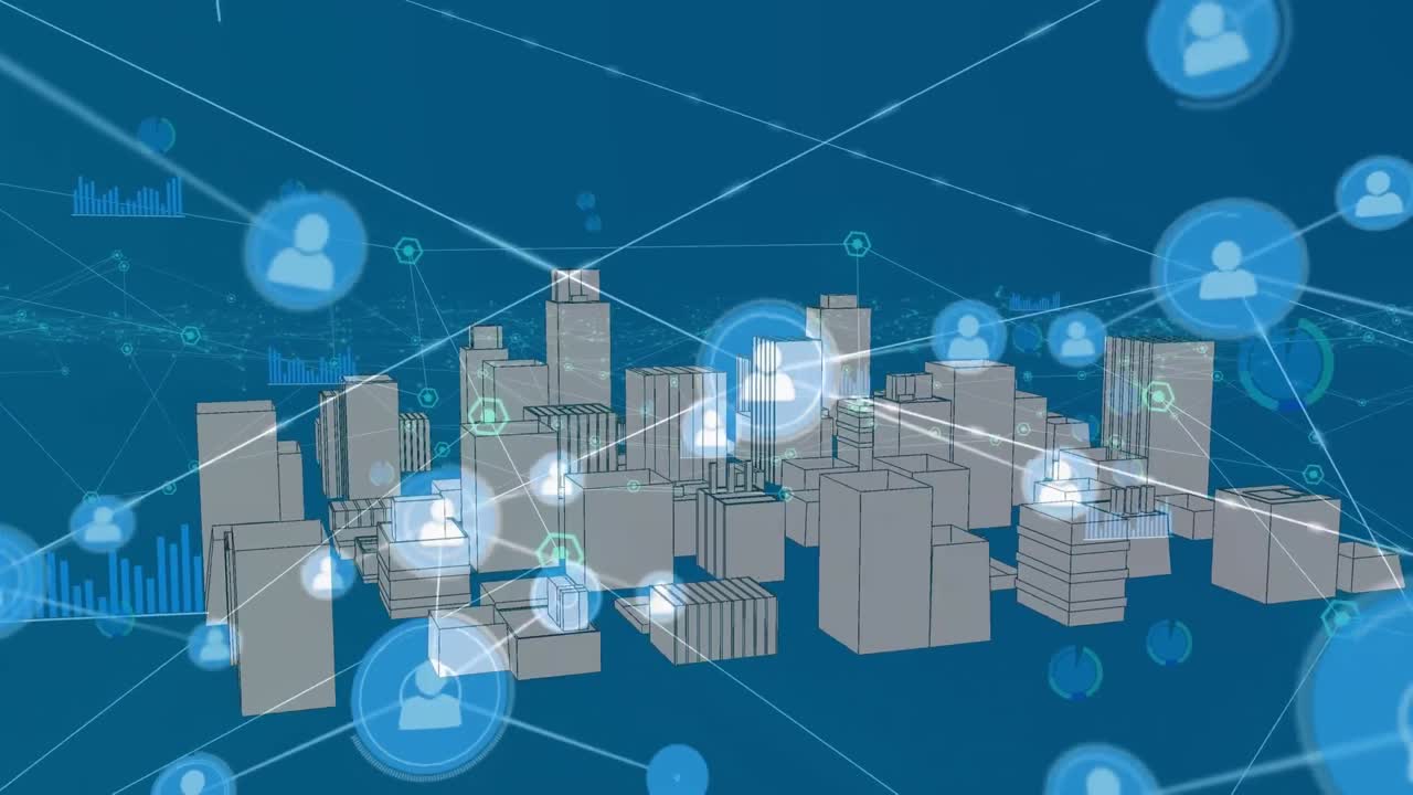 Animation of connected profile icons, graph icons and 3d model of city over blue background