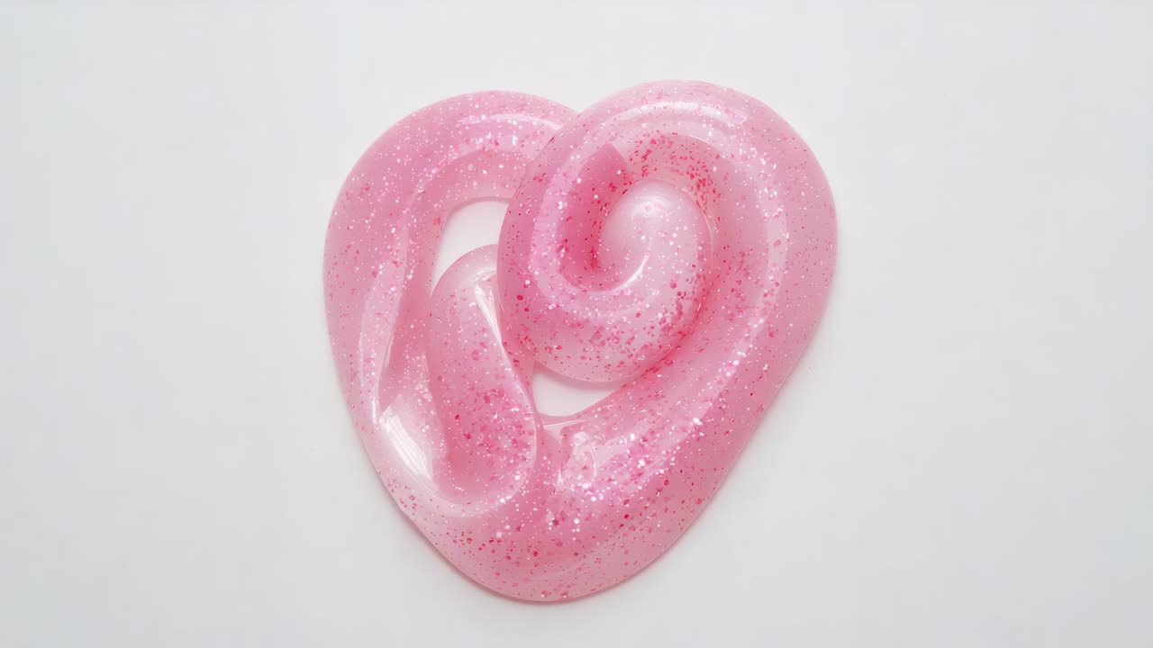Assestamento dopo la modellatura, slime glitterato rosa a forma di cuore che si appiattisce su un tavolo bianco con riflessi