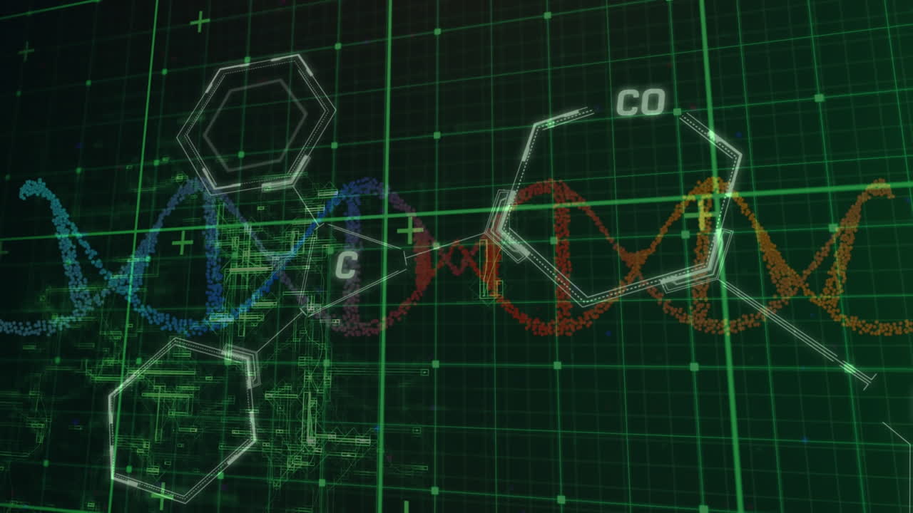 dna 가닥의 애니메이션과 검은색 배경의 그리드 상의 데이터 처리