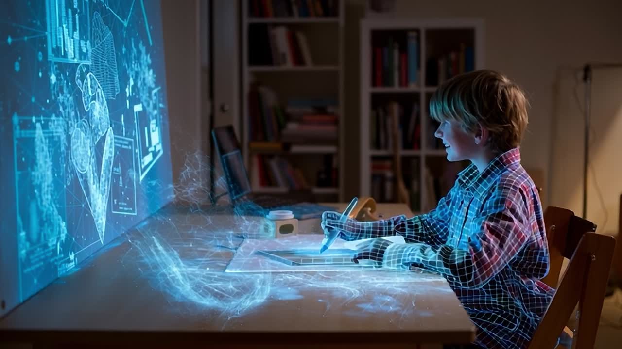 Young boy engaged in creative coding activity with holographic display