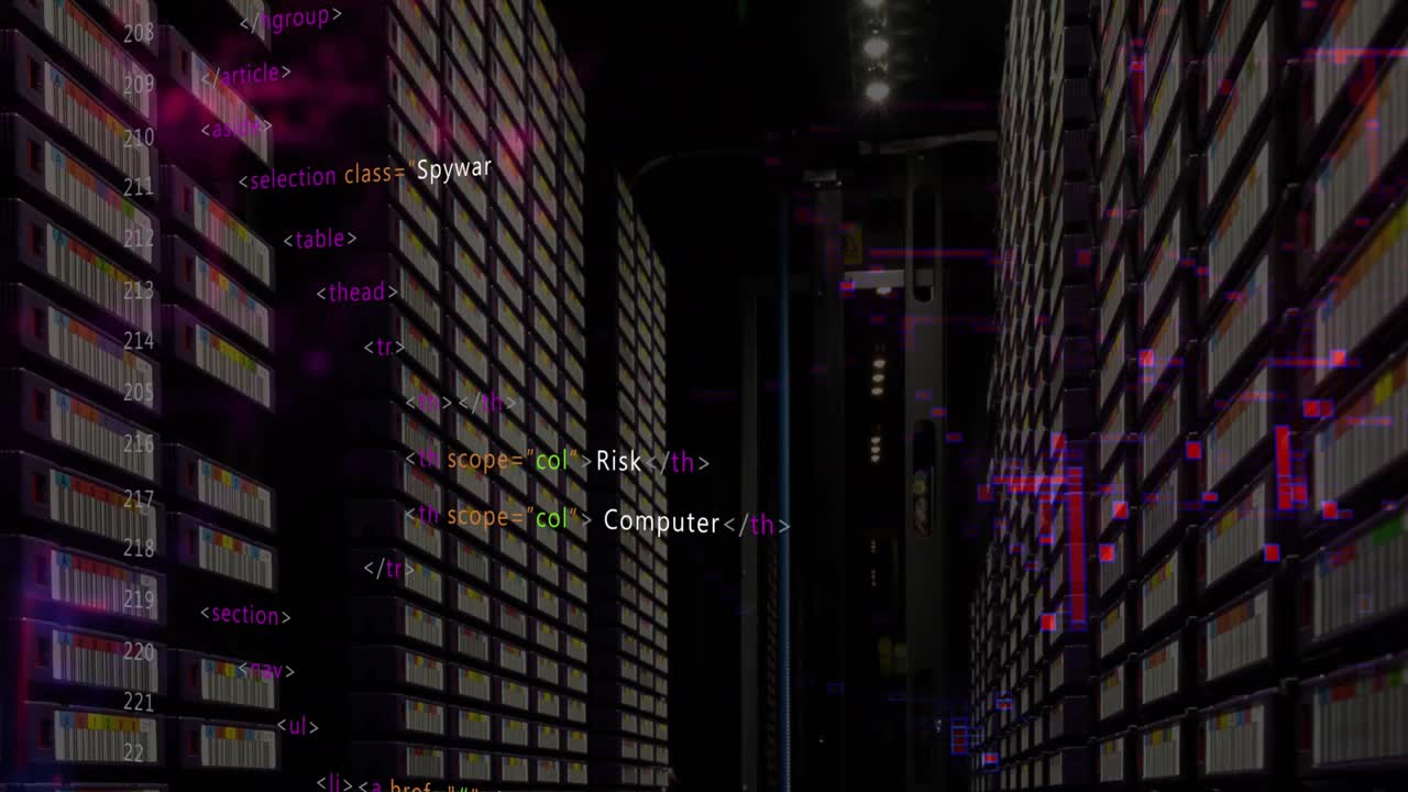 animación del procesamiento de datos contra la sala de servidores de computadoras