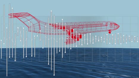 Dibujo-Técnico-De-Avión-En-3D-Con-Procesamiento-De-Datos-Sobre-El-Mar-En-Segundo-Plano.